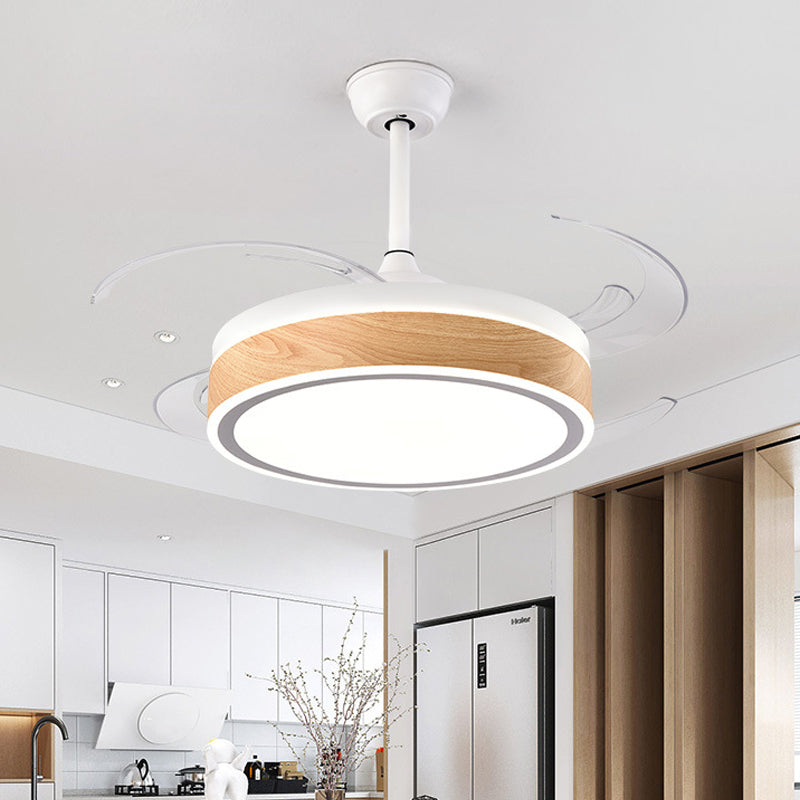 Metal Round Hanging Fan Light Simple Modern 4 Blades LED Semi Flush Mounted Lamp in Grey/Pink/Blue for Dining Room, 47