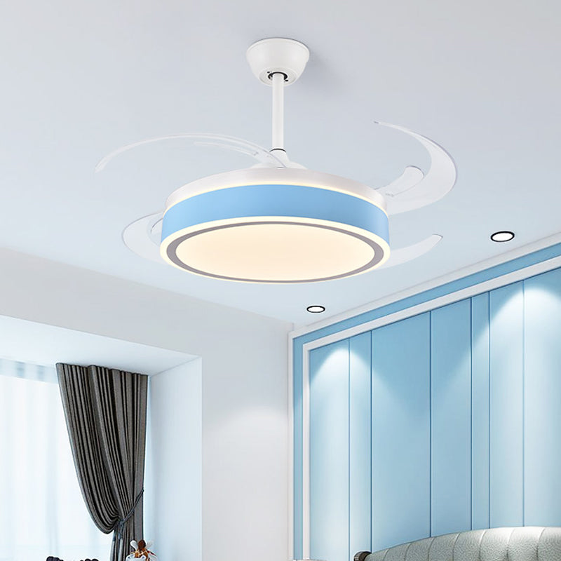 Metal Round Hanging Fan Light Simple Modern 4 Blades LED Semi Flush Mounted Lamp in Grey/Pink/Blue for Dining Room, 47