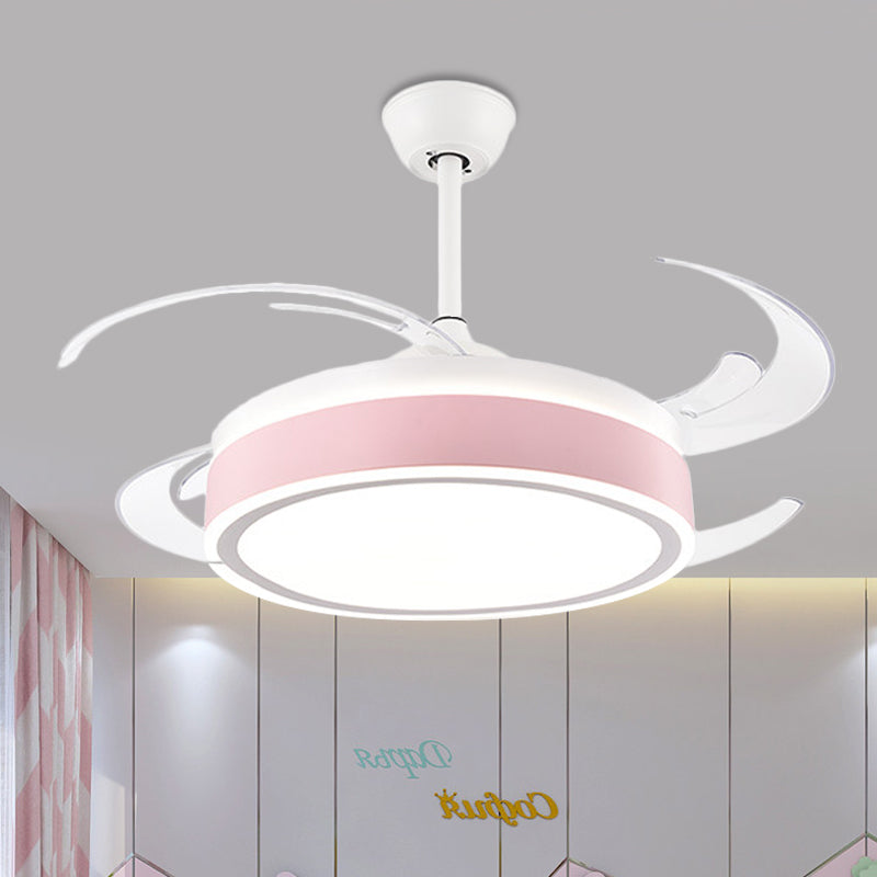 Metal Round Hanging Fan Light Simple Modern 4 Blades LED Semi Flush Mounted Lamp in Grey/Pink/Blue for Dining Room, 47