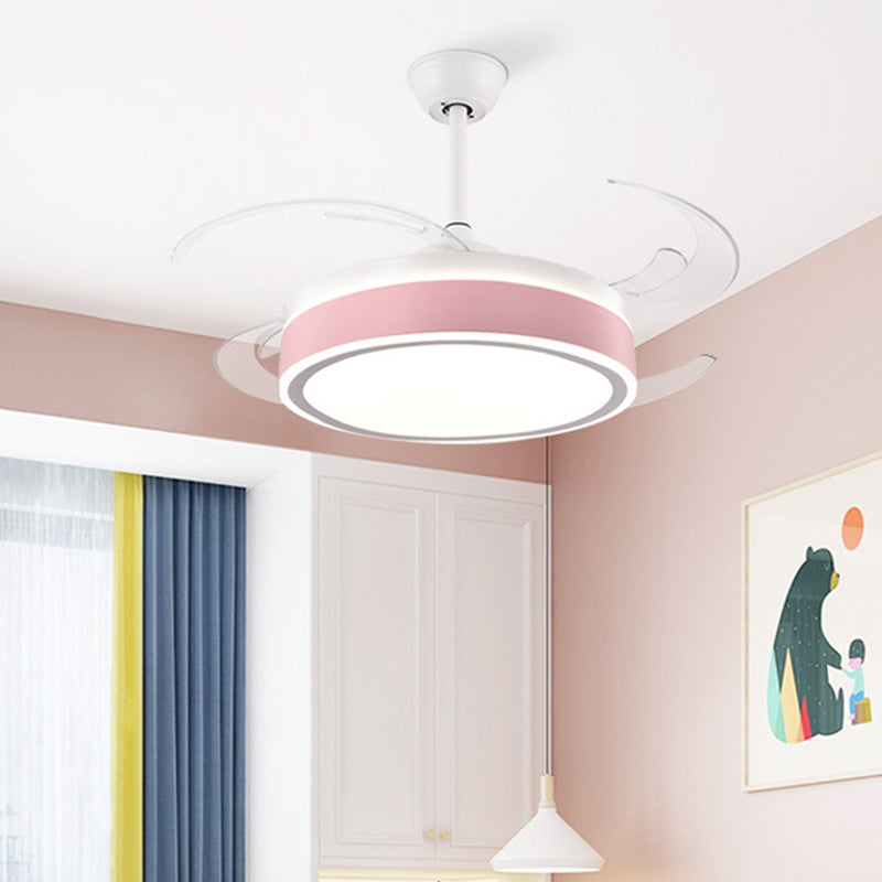 Metal Round Hanging Fan Light Simple Modern 4 Blades LED Semi Flush Mounted Lamp in Grey/Pink/Blue for Dining Room, 47