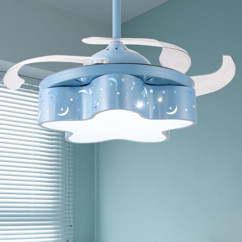 Star Shape Bedroom Pendant Fan Lighting Metal Nordic Kids 4 Clear Blades LED Semi Flushmount in White/Pink/Blue, 66