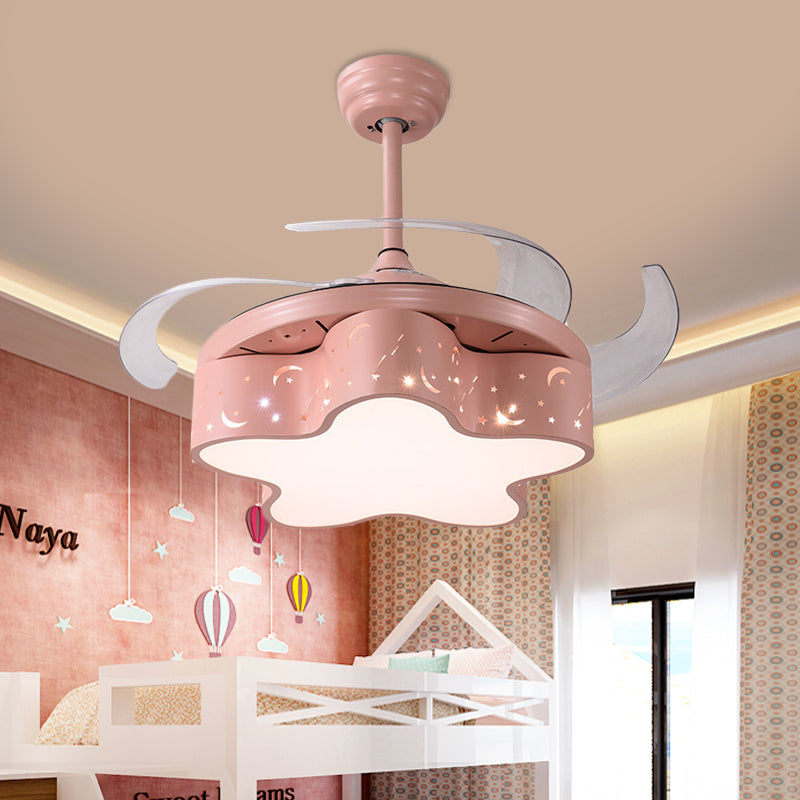 Star Shape Bedroom Pendant Fan Lighting Metal Nordic Kids 4 Clear Blades LED Semi Flushmount in White/Pink/Blue, 66