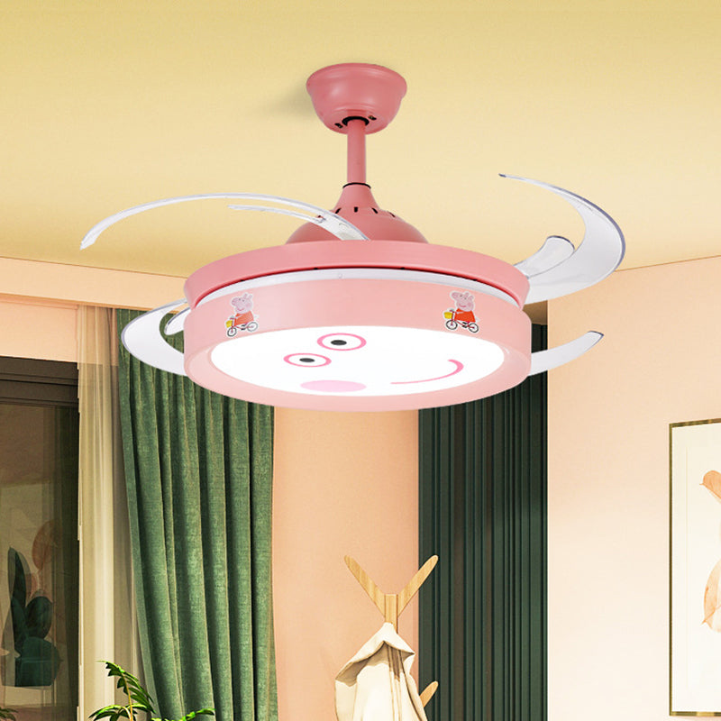 Pink Round 4 Blades Semi Flush Mount Light Kids LED Metallic Hanging Fan Lamp Fixture with Cartoon Pig Pattern, 47