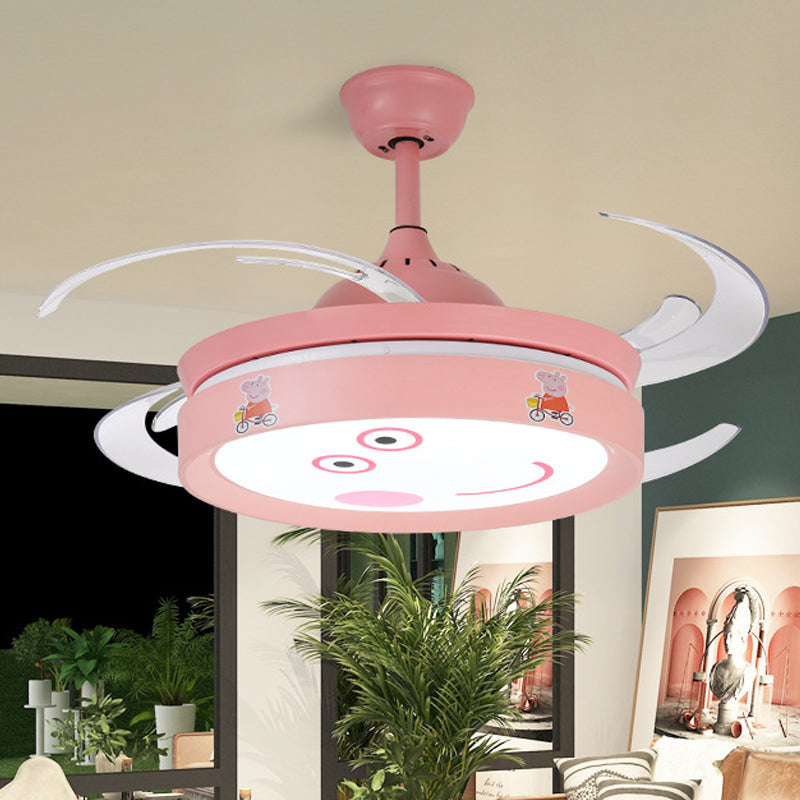 Pink Round 4 Blades Semi Flush Mount Light Kids LED Metallic Hanging Fan Lamp Fixture with Cartoon Pig Pattern, 47