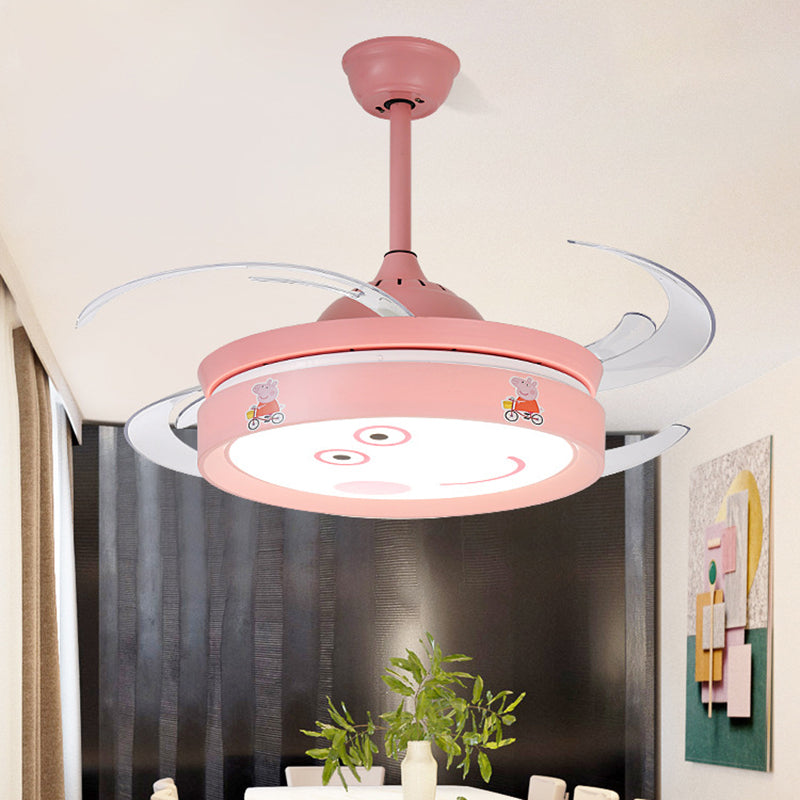 Pink Round 4 Blades Semi Flush Mount Light Kids LED Metallic Hanging Fan Lamp Fixture with Cartoon Pig Pattern, 47