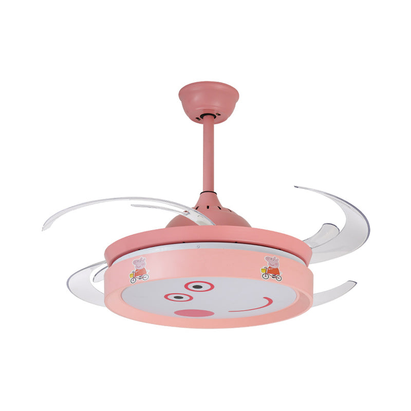 Pink Round 4 Blades Semi Flush Mount Light Kids LED Metallic Hanging Fan Lamp Fixture with Cartoon Pig Pattern, 47