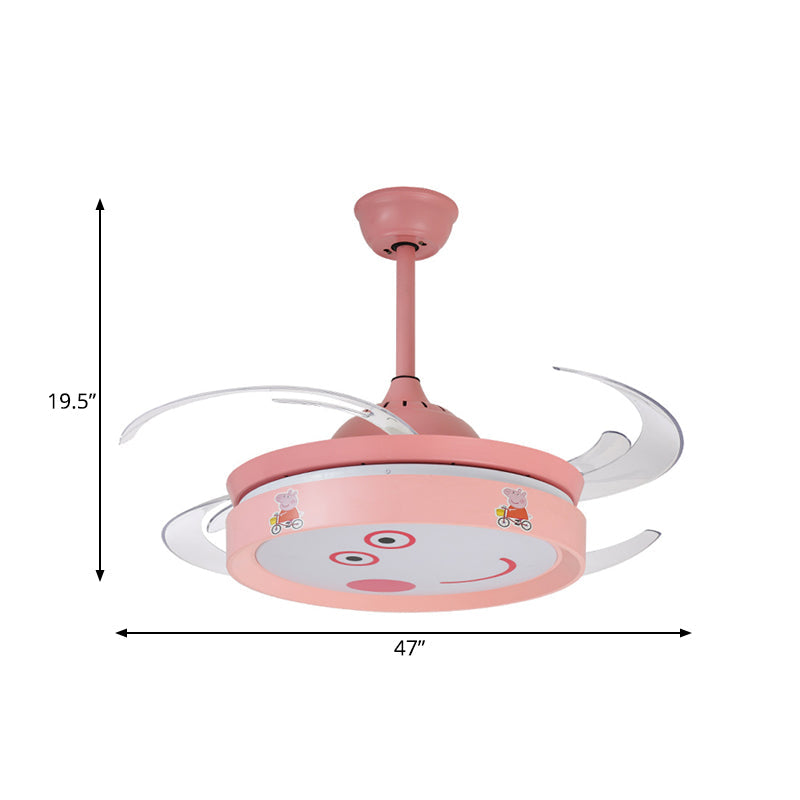 Pink Round 4 Blades Semi Flush Mount Light Kids LED Metallic Hanging Fan Lamp Fixture with Cartoon Pig Pattern, 47