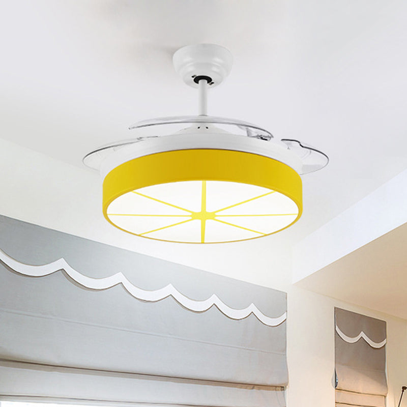 Minimalist Round Semi Flushmount Acrylic Bedroom LED Hanging Fan Light Fixture in Yellow with 3 Clear Blades, 42