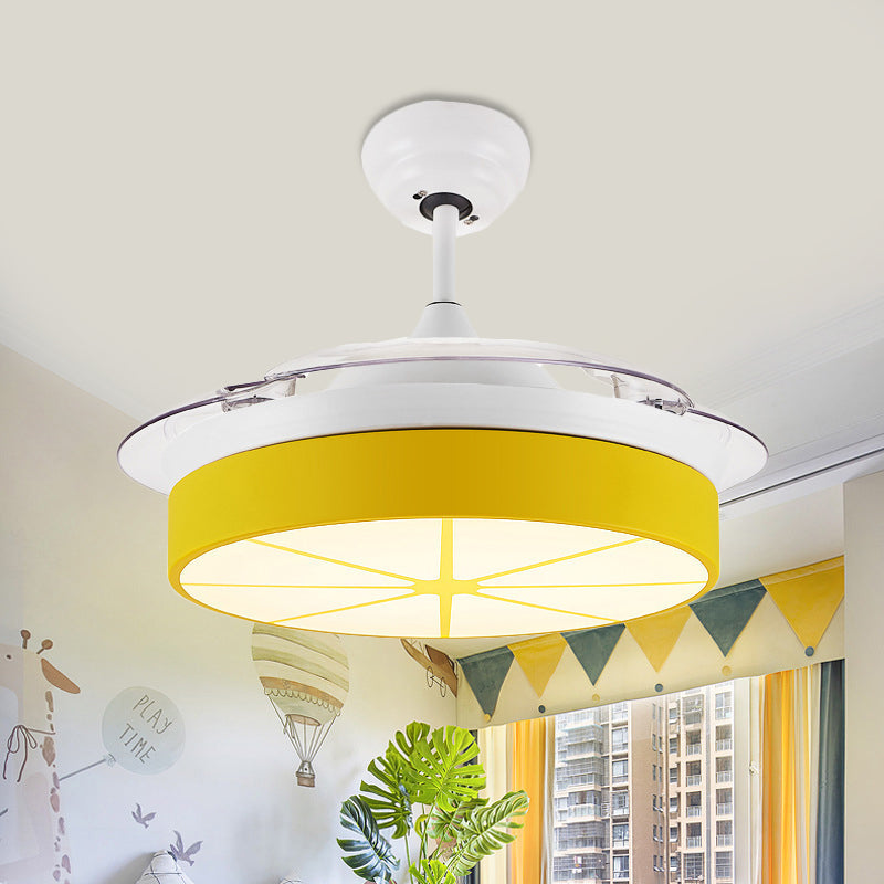 Minimalist Round Semi Flushmount Acrylic Bedroom LED Hanging Fan Light Fixture in Yellow with 3 Clear Blades, 42