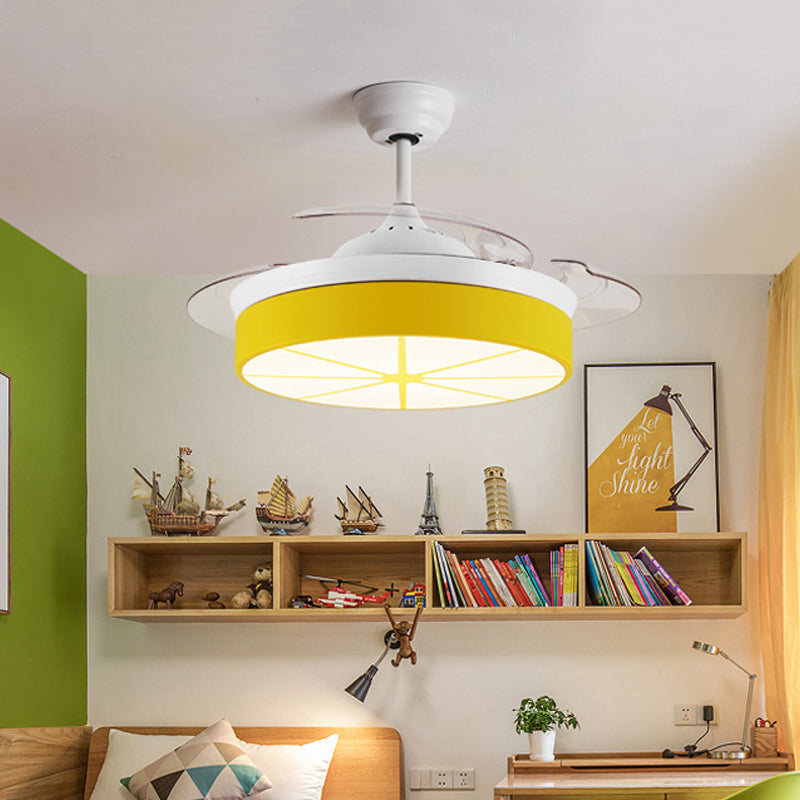 Minimalist Round Semi Flushmount Acrylic Bedroom LED Hanging Fan Light Fixture in Yellow with 3 Clear Blades, 42