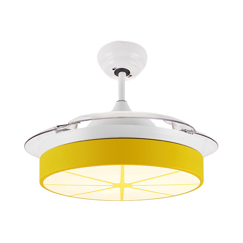 Minimalist Round Semi Flushmount Acrylic Bedroom LED Hanging Fan Light Fixture in Yellow with 3 Clear Blades, 42