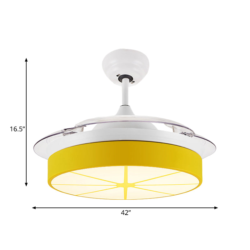 Minimalist Round Semi Flushmount Acrylic Bedroom LED Hanging Fan Light Fixture in Yellow with 3 Clear Blades, 42