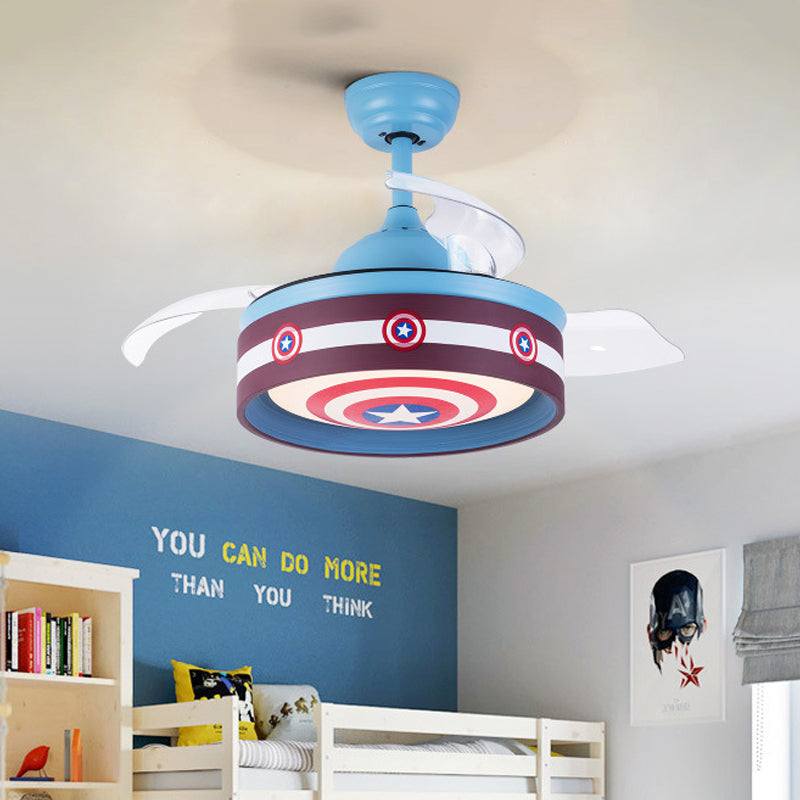 Pink/Blue Round 3 Blades Semi Flush Light Kids LED Metallic Hanging Ceiling Fan Lamp with Hero Shield Pattern, 36