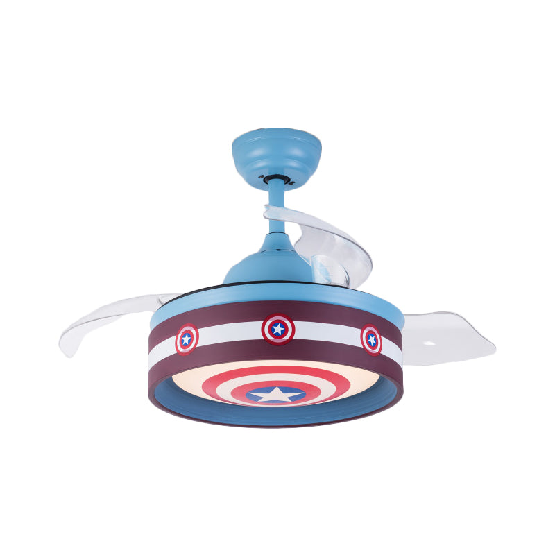 Pink/Blue Round 3 Blades Semi Flush Light Kids LED Metallic Hanging Ceiling Fan Lamp with Hero Shield Pattern, 36