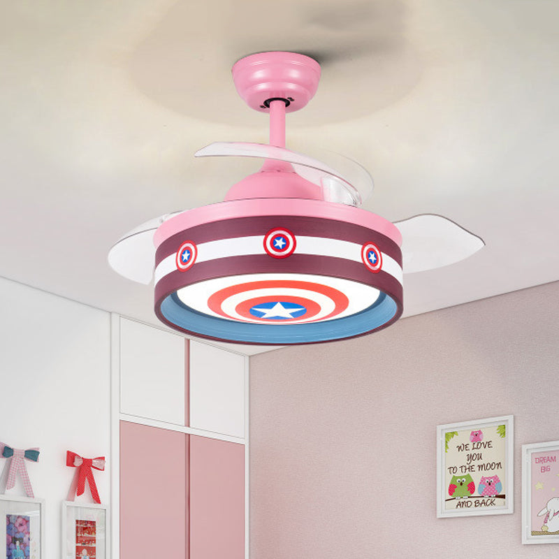 Pink/Blue Round 3 Blades Semi Flush Light Kids LED Metallic Hanging Ceiling Fan Lamp with Hero Shield Pattern, 36