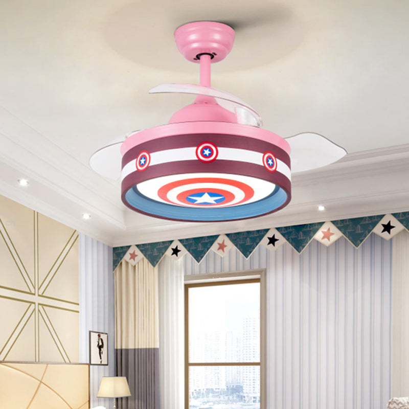 Pink/Blue Round 3 Blades Semi Flush Light Kids LED Metallic Hanging Ceiling Fan Lamp with Hero Shield Pattern, 36