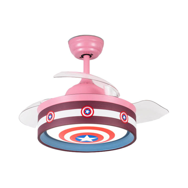 Pink/Blue Round 3 Blades Semi Flush Light Kids LED Metallic Hanging Ceiling Fan Lamp with Hero Shield Pattern, 36