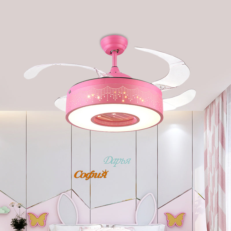 Ring Metal Semi Flush Lighting Kids Pink/Blue Finish 4 Blades LED Pendant Fan Lamp for Bedroom, 42