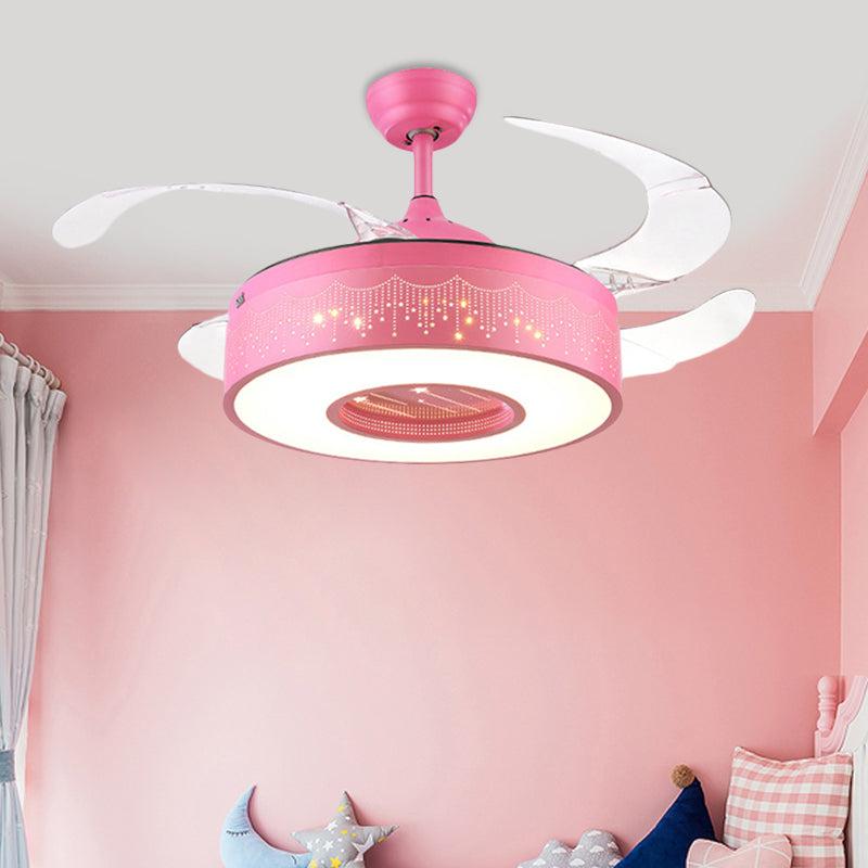 Ring Metal Semi Flush Lighting Kids Pink/Blue Finish 4 Blades LED Pendant Fan Lamp for Bedroom, 42