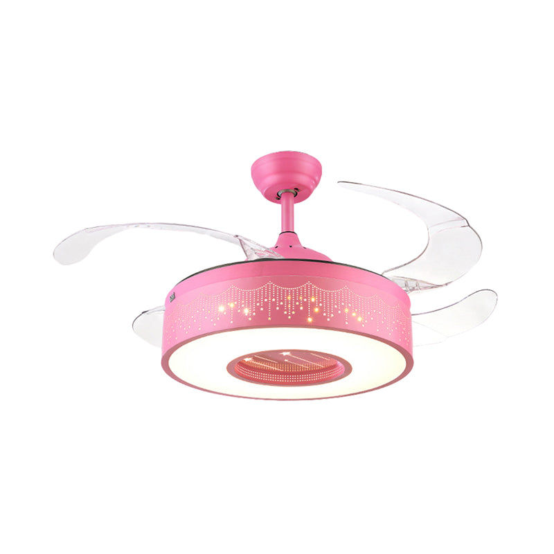 Ring Metal Semi Flush Lighting Kids Pink/Blue Finish 4 Blades LED Pendant Fan Lamp for Bedroom, 42