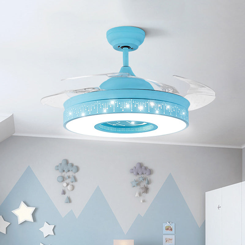 Ring Metal Semi Flush Lighting Kids Pink/Blue Finish 4 Blades LED Pendant Fan Lamp for Bedroom, 42