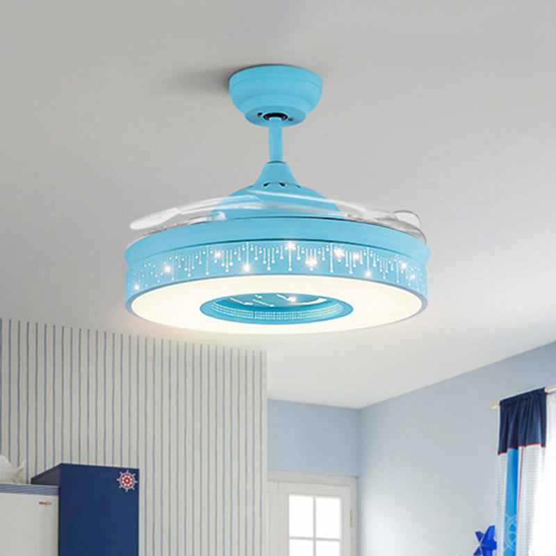 Ring Metal Semi Flush Lighting Kids Pink/Blue Finish 4 Blades LED Pendant Fan Lamp for Bedroom, 42