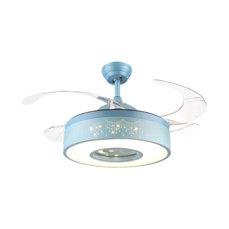 Ring Metal Semi Flush Lighting Kids Pink/Blue Finish 4 Blades LED Pendant Fan Lamp for Bedroom, 42