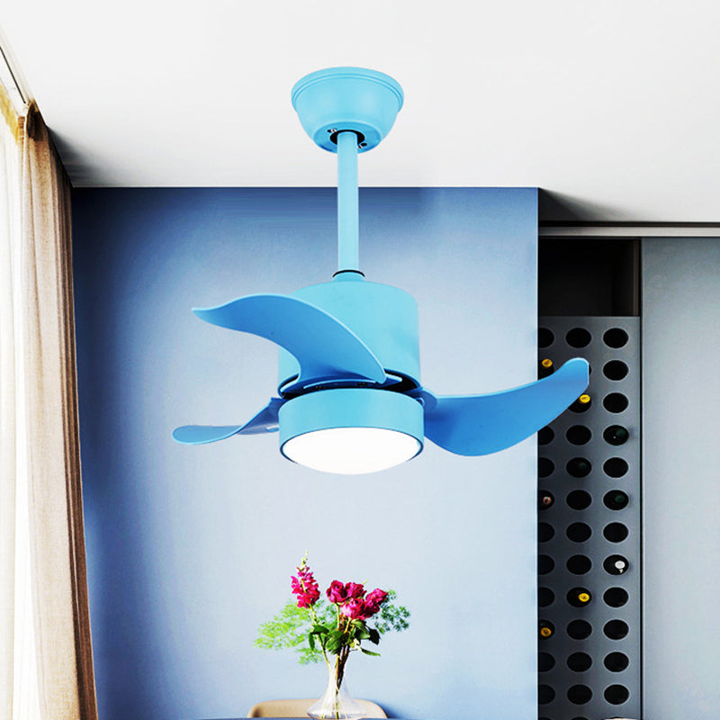 Blue Cylinder Semi Flush Lighting Modernism LED Metal Hanging Fan Lamp Kit with 3 Blades, 24.5