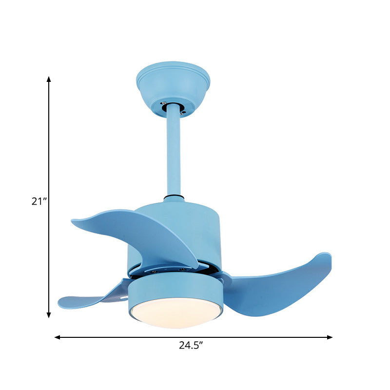 Blue Cylinder Semi Flush Lighting Modernism LED Metal Hanging Fan Lamp Kit with 3 Blades, 24.5