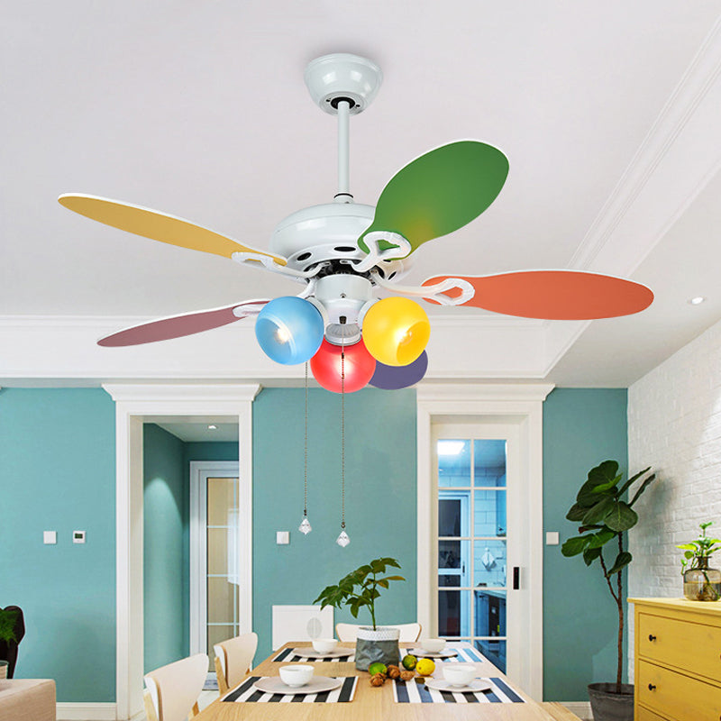 Globe Ceiling Fan Lighting Kids Style Blue-Red-Yellow Glass 3 Lights 42