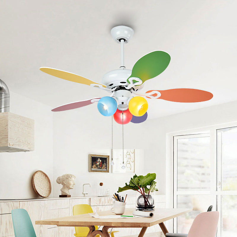 Globe Ceiling Fan Lighting Kids Style Blue-Red-Yellow Glass 3 Lights 42