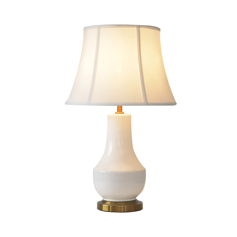 Modern Bell Shape Desk Lamp Fabric 1 Bulb Table Light in White with Jar Ceramic Base Clearhalo 'Lamps' 'Table Lamps' Lighting' 404537