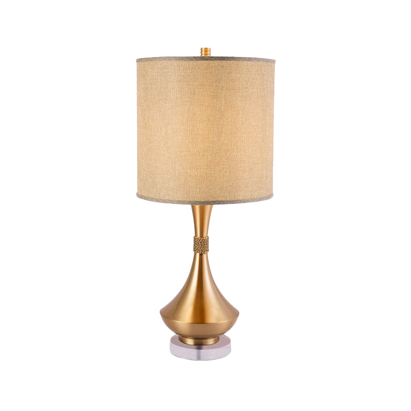 1-Light Bedroom Nightstand Light Simplicity Flaxen Metal Table Lamp with Cylindrical Fabric Shade Clearhalo 'Lamps' 'Table Lamps' Lighting' 404924