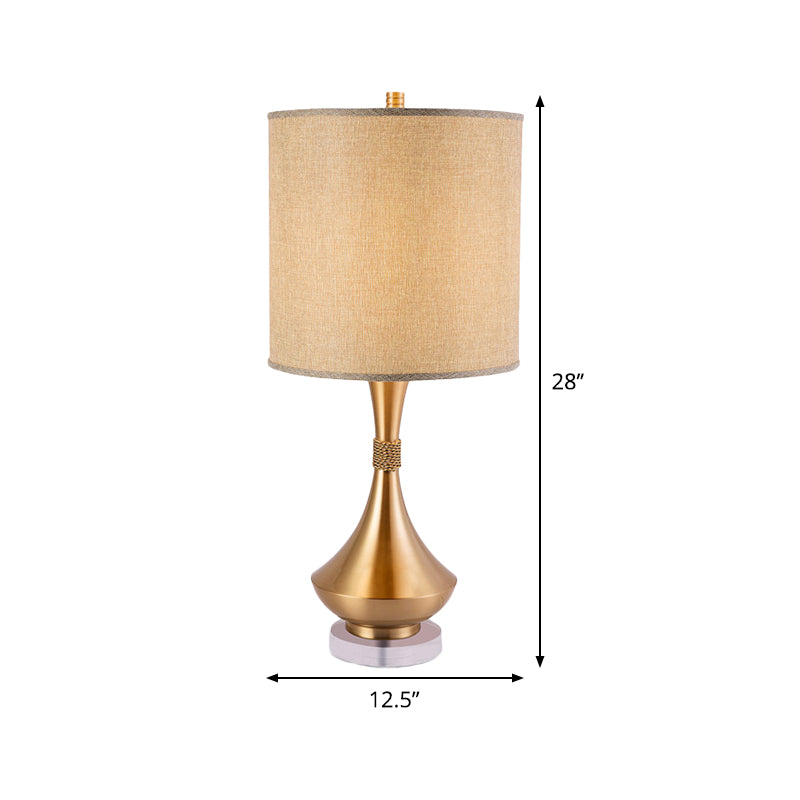 1-Light Bedroom Nightstand Light Simplicity Flaxen Metal Table Lamp with Cylindrical Fabric Shade Clearhalo 'Lamps' 'Table Lamps' Lighting' 404926