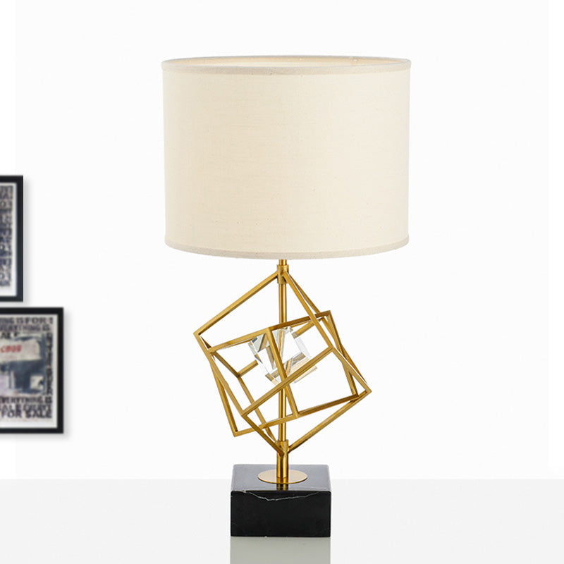 Drum Task Lamp Modern Fabric 1 Head Gold Reading Light with Rectangle Black Marble Base Gold Clearhalo 'Lamps' 'Table Lamps' Lighting' 405028