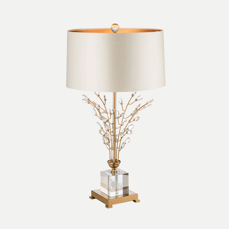 Fabric Drum Table Light Modernism 1 Head Small Desk Lamp in Gold with Crystal Leaf Clearhalo 'Lamps' 'Table Lamps' Lighting' 405096