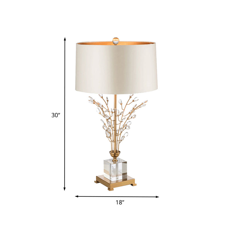 Fabric Drum Table Light Modernism 1 Head Small Desk Lamp in Gold with Crystal Leaf Clearhalo 'Lamps' 'Table Lamps' Lighting' 405097