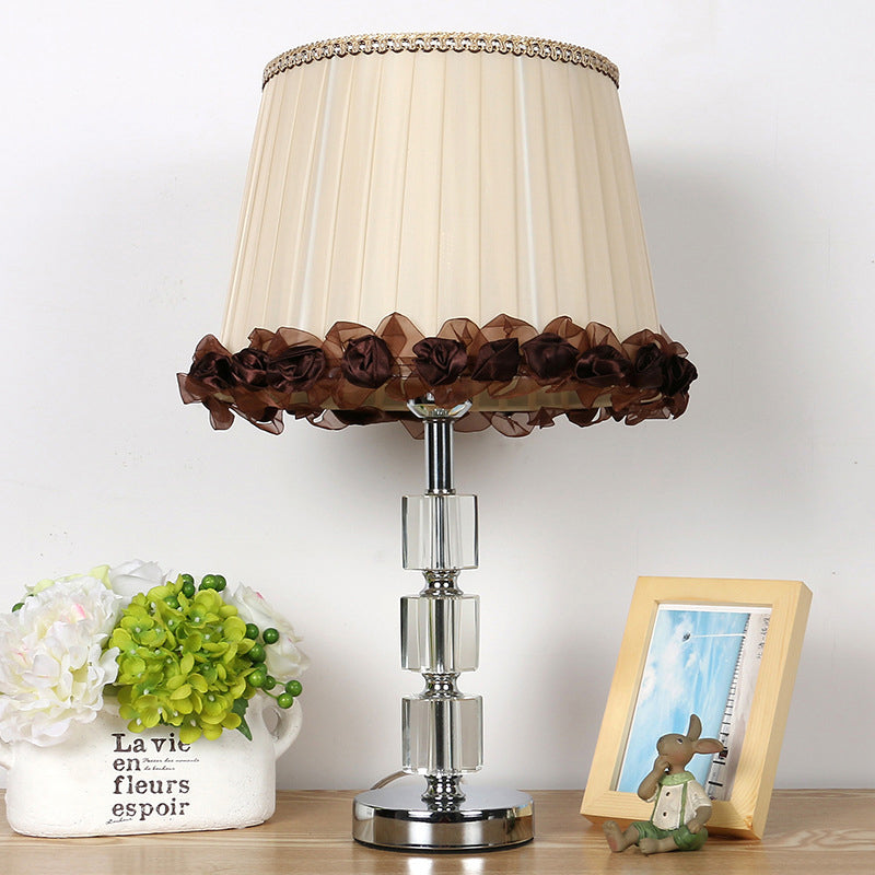 Beveled Crystal Barrel Nightstand Light Minimalism 1 Bulb Beige Table Lamp with Braided Trim Beige Clearhalo 'Lamps' 'Table Lamps' Lighting' 405490