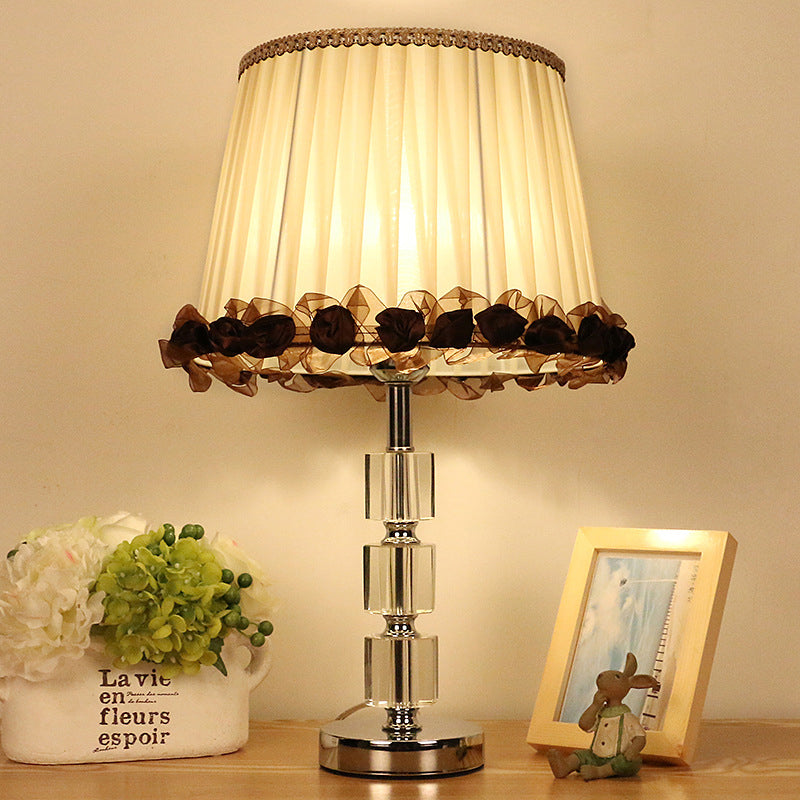 Beveled Crystal Barrel Nightstand Light Minimalism 1 Bulb Beige Table Lamp with Braided Trim Clearhalo 'Lamps' 'Table Lamps' Lighting' 405491