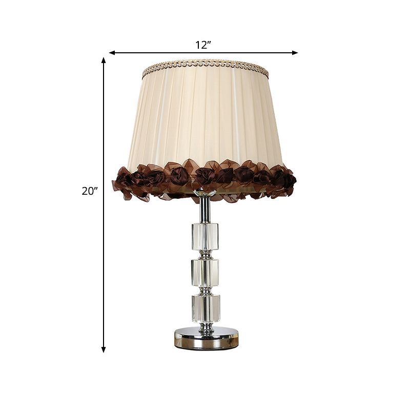 Beveled Crystal Barrel Nightstand Light Minimalism 1 Bulb Beige Table Lamp with Braided Trim Clearhalo 'Lamps' 'Table Lamps' Lighting' 405493