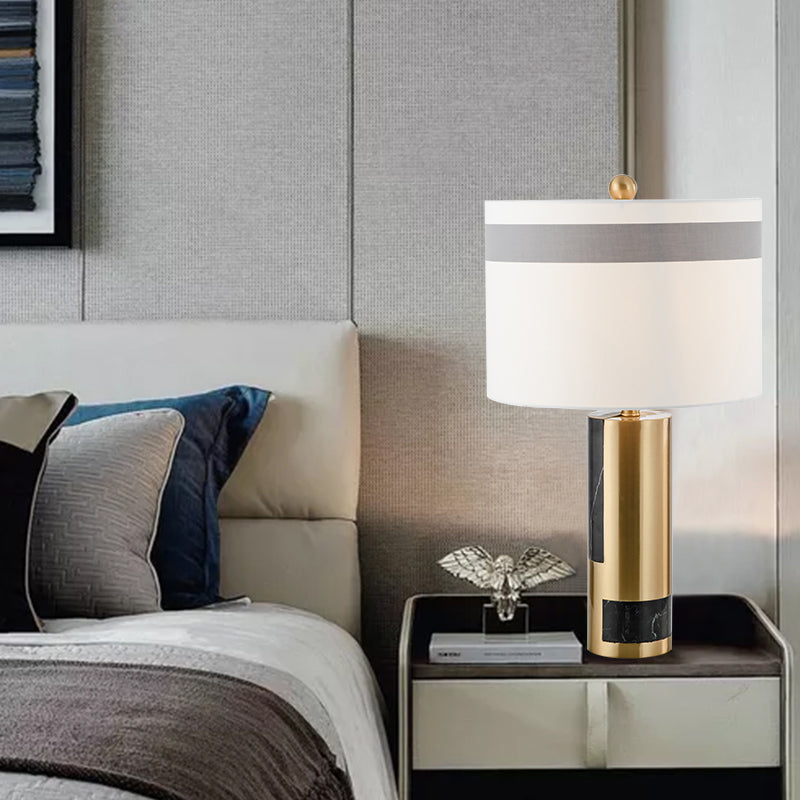 Contemporary 1-Head Table Lamp White Drum Metal Night Lighting with Fabric Shade for Bedroom White Clearhalo 'Lamps' 'Table Lamps' Lighting' 405663