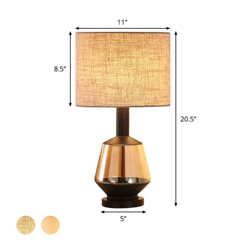 White/Beige Cylinder Fabric Nightstand Light Modern 1 Head Amber Glass Night Table Lamp for Living Room Clearhalo 'Lamps' 'Table Lamps' Lighting' 405697