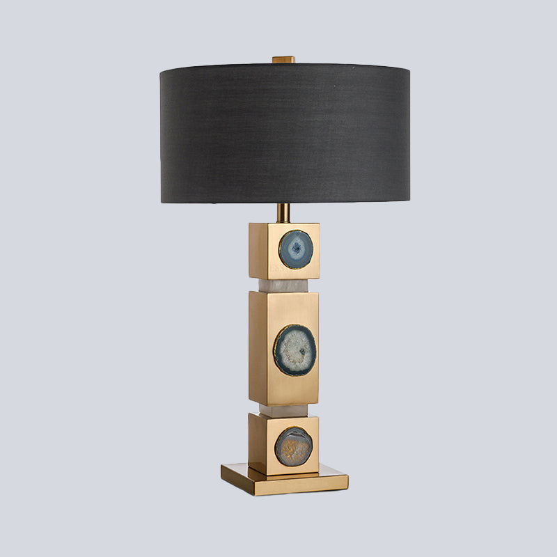 Modernism 1 Light Night Lamp Black Drum Metal Nightstand Lighting with Fabric Shade Clearhalo 'Lamps' 'Table Lamps' Lighting' 405710