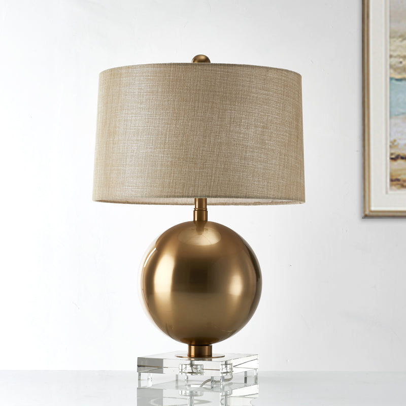 Flaxen Barrel Night Table Lamp Modern 1 Bulb Fabric Nightstand Light with Clear Crystal Pedestal Flaxen Clearhalo 'Lamps' 'Table Lamps' Lighting' 405852