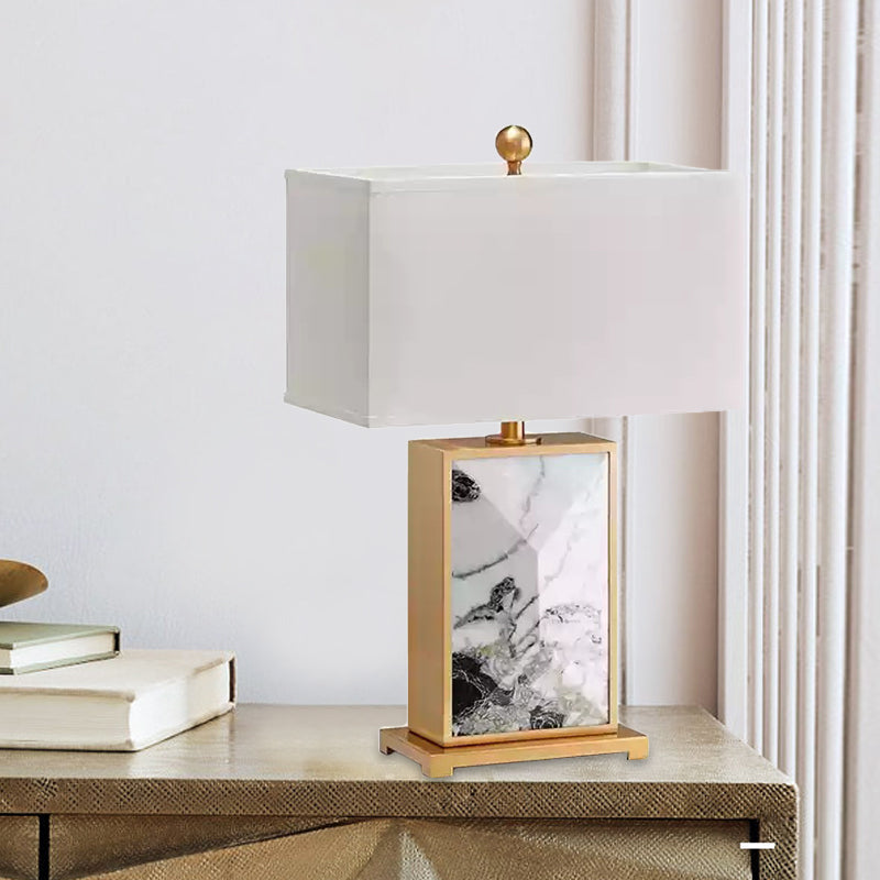 White Rectangular Nightstand Light Nordic 1 Bulb Marble Night Lamp with Fabric Shade Clearhalo 'Lamps' 'Table Lamps' Lighting' 405888