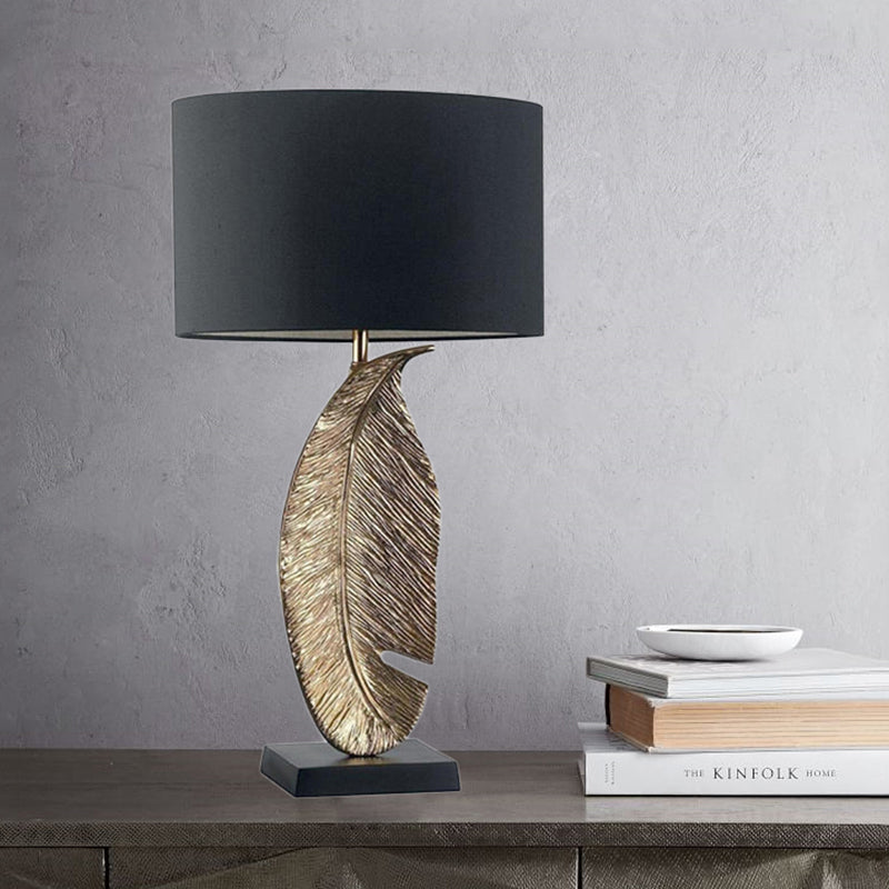 1-Light Bedroom Night Lighting Post-Modern Black Fabric Table Lamp with Leaf-Shaped Metal Base Clearhalo 'Lamps' 'Table Lamps' Lighting' 405918