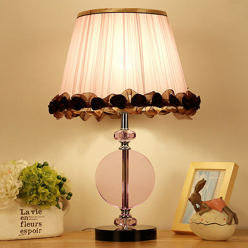 Modernism 1-Light Nightstand Lamp Pink Pleated Shade Night Table Lighting with K9 Crystal Pink Clearhalo 'Lamps' 'Table Lamps' Lighting' 406204