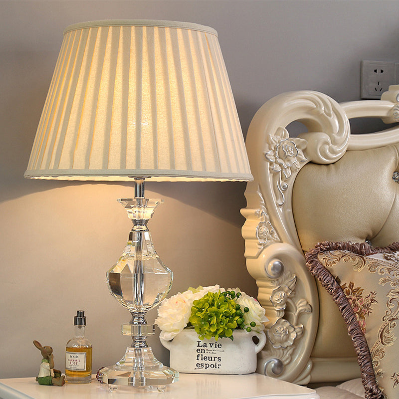 Wide Flare Task Lamp Modern Fabric 1 Head Beige Reading Book Light with Urn Crysatl Detail for Living Room Clearhalo 'Lamps' 'Table Lamps' Lighting' 406752