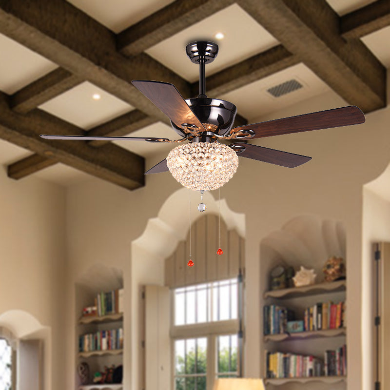 5 Blades Crystal Dome Semi Flushmount Vintage Dining Room LED Ceiling Fan Light in Dark Brown with Pull Chain, 52