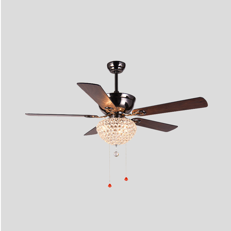 5 Blades Crystal Dome Semi Flushmount Vintage Dining Room LED Ceiling Fan Light in Dark Brown with Pull Chain, 52